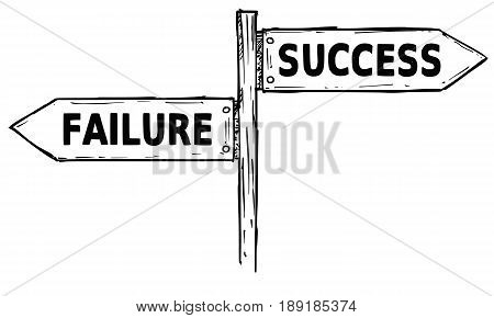 Vector cartoon doodle hand drawn crossroad wooden direction sign with two arrows pointing left and right as success or failure decision guide
