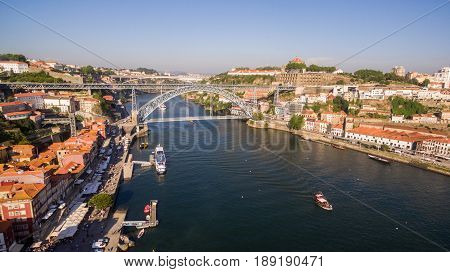 Aerial view over Porto's old town, Ribeira, Duoro river the and the Porto Bridge, Luiz I Bridge, 17 May 2017