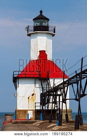 One of two of the St. Joseph Michigan North Pierhead LIghts with elevated catwalk approach