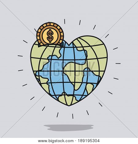 color image background with money box in globe earth world in heart shape with golden coin vector illustration