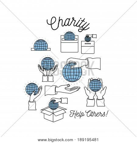 color silhouette image set charity help others and hands depositing globe earth world in palm vector illustration