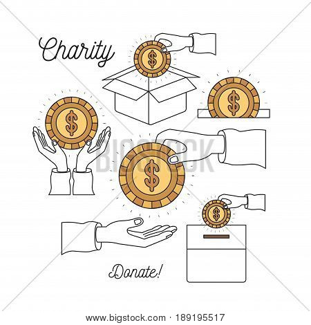 color silhouette image set charity help others and hands depositing coin dollar symbol in palm vector illustration