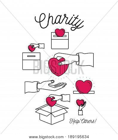 color silhouette image set charity help others and hands depositing heart shape in palm and in cardboard box vector illustration