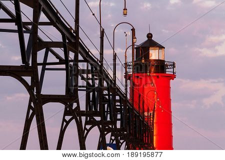 The South Pierhead Light in South Haven Michigan at sunrise.