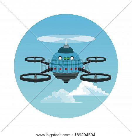 circular frame with sky landscape scene and blue robot drone with five airscrew vector illustration