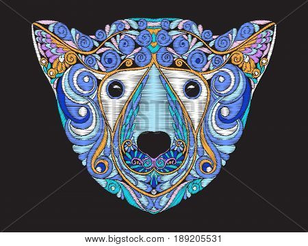 Embroidery ethnic patterned ornate head polar bear. Stock vector illustration.