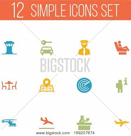 Set Of 12 Aircraft Icons Set.Collection Of Letdown, Aircraft, Aviator And Other Elements.