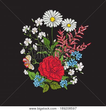 Embroidery. Bouquet with roses and daisies. Traditional European pattern. Stock line vector illustration.
