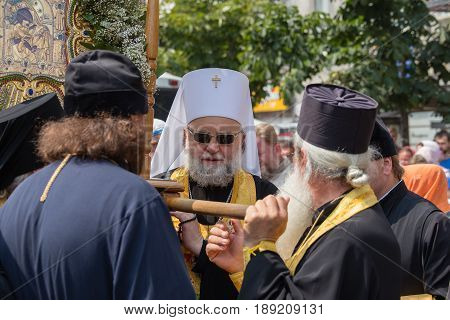 KIEV UKRAINE - JULY 27 2016 : Parishioners Ukrainian Orthodox Church Moscow Patriarchate during religious procession. At present there is undeclared war of Kiev Patriarchate and Moscow Patriarchate