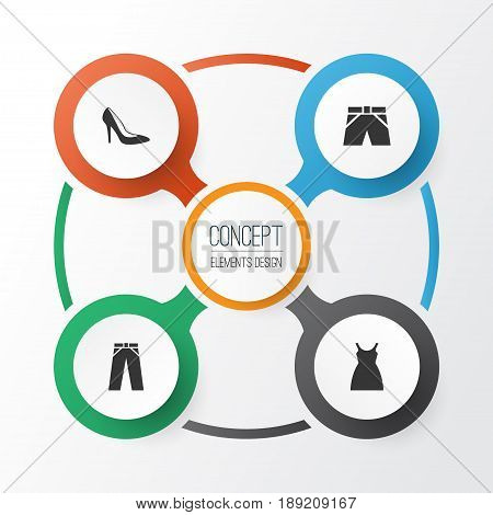 Garment Icons Set. Collection Of Dress, Trunks Cloth, Heel Footwear And Other Elements. Also Includes Symbols Such As Shoe, Cloth, Trousers.