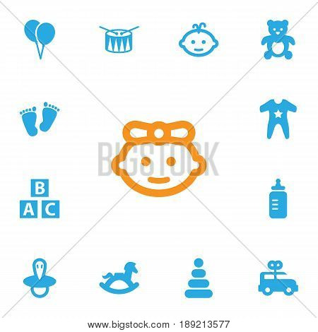 Set Of 13 Kid Icons Set.Collection Of Equine, Baby, Bus And Other Elements.