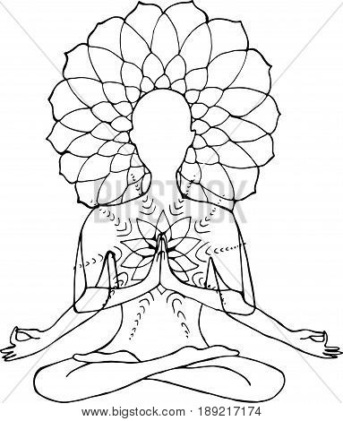 Silhouette of a meditating man with a flower and four hands.