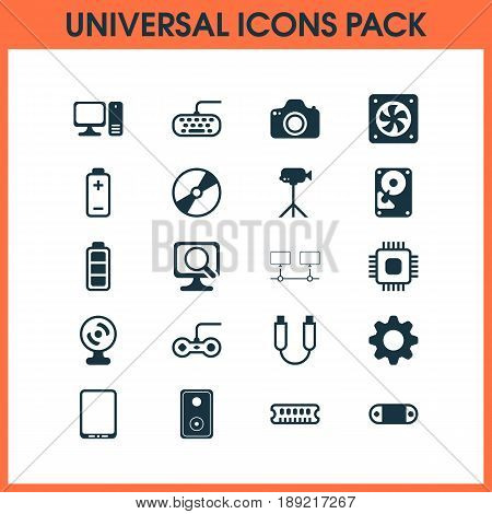 Hardware Icons Set. Collection Of Cd-Rom, Hdd, Chip And Other Elements. Also Includes Symbols Such As Gaming, Movie, Desktop.