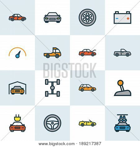 Auto Colorful Outline Icons Set. Collection Of Accumulator, Drive, Bonnet And Other Elements. Also Includes Symbols Such As Gear, Electric, Mover.
