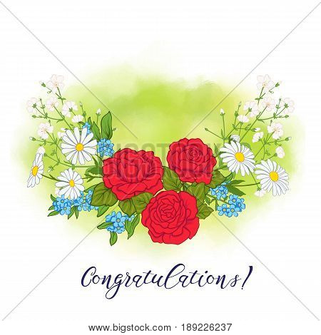 Bouquet with roses and daisies. Traditional European pattern. Stock line vector illustration. Good for postcard