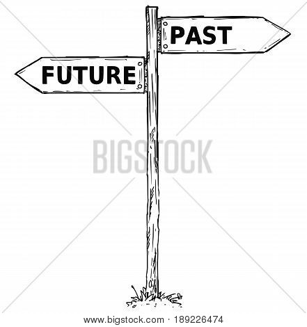 Vector cartoon doodle hand drawn crossroad wooden direction sign with two arrows pointing left and right as past or future decision guide