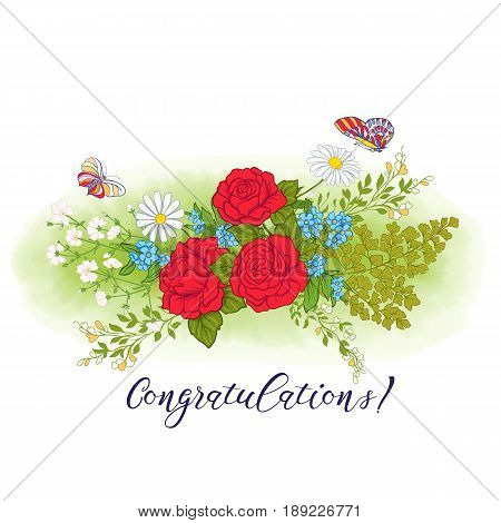 Bouquet with roses and daisies. Traditional European pattern. Stock line vector illustration. Good for postcard
