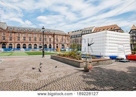 STRASBOURG FRANCE - MAY 18 2016: Nike tent at the FFF Tour Federation Francaise de Football installation in city center for the upcoming UEFA football soccer Championship