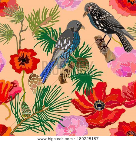 Seamless oriental pattern with Victorian motifs. Blooming summer poppies, leaves and blackbirds. Vintage textile collection.