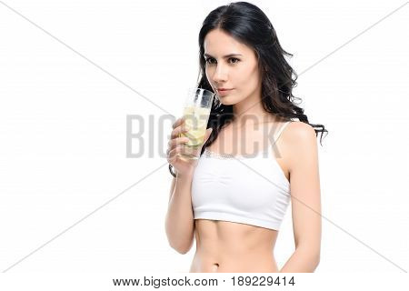 Woman Holding Glass Of Water With Lemon Isolated On White