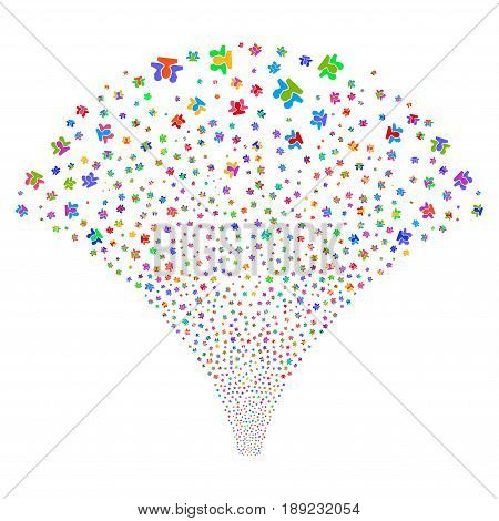 Users salute stream. Vector illustration style is flat bright multicolored iconic symbols on a white background. Object fireworks fountain done from random pictograms.
