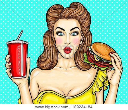 illustration of a sexy pop art girl holding in the hands of a hamburger and a drink. Advertising poster fast food restaurant with the girl foreground, painted in a pop art style