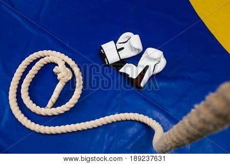 Sports Rope On The Background Of Boxing Gloves And A Punching Bag. Sports Equipment