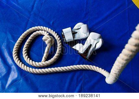 Sports Rope On The Background Of Boxing Gloves And A Punching Bag. Sports Equipment