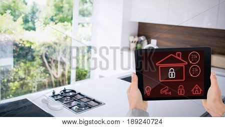 Digital composite of Businessman's hands holding digital tablet with house shape on screen