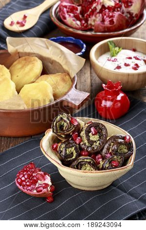 Fried Eggplant with Walnut Sauce. Badridzhani. Georgian cuisine.