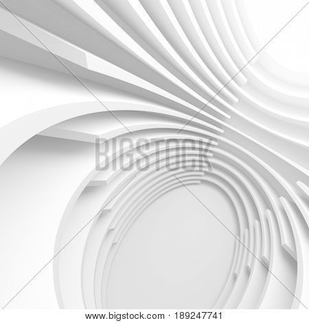 White Architecture Circular Background. Abstract Building Design. 3d Modern Architecture Render. Futuristic Building Construction