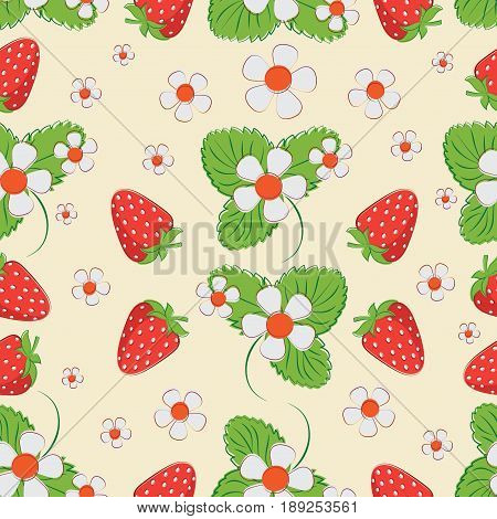 Strawberry pattern on a light background. Seamless pattern of berries, leaves and strawberry flowers. Market of farmers, packing of products.