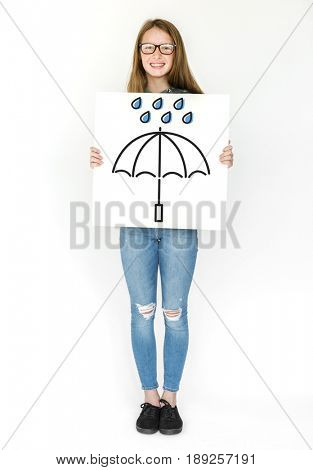 Woman holding billboard network graphic overlay