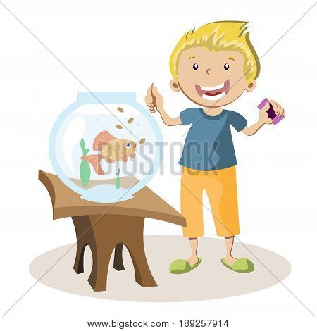 Boy feeding little fish in their fish tank. Vector illustration