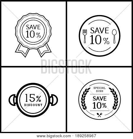 ten percent and fifteen discount logo design for restuarant with dish symbol