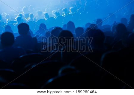 People, children, adults, parents in the theater watching the performance. People in the auditorium looking at the stage. Shooting from the back