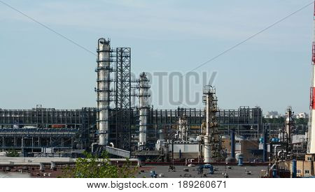 MOSCOW RUSSIA - March 2015: MNPZ Kapotnya Maryno and Brateevo outskirts of UVAO Moscow Russia. view of refinery MNPZ. environmental pollution.