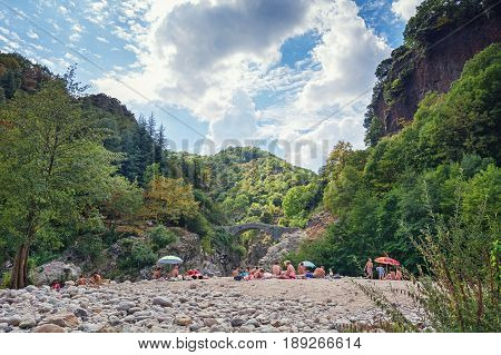 Thueyts France september 11 2016: The Pont du Diable or Devil Bridge is a Roman bridge that spans the river Ardeche at about 10 m altitude.