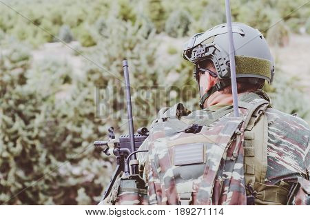 Radio Operator Aim Target With Machine Gun M 249