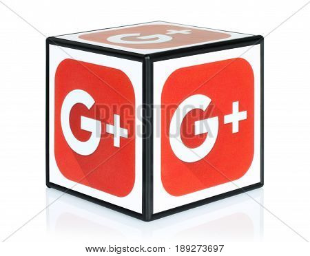 Kiev Ukraine - September 30 2015: Cube with Google Plus icons printed on paper. Google Plus is a well-known social networking and news service