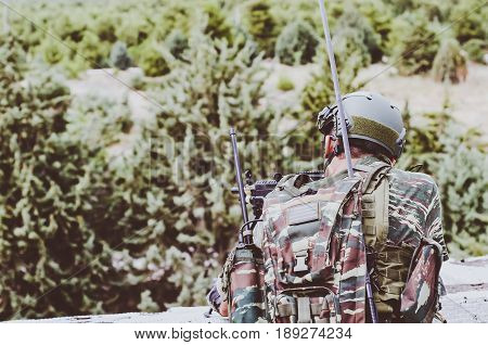 Radio Operator Aim Target With Machine Gun M 249