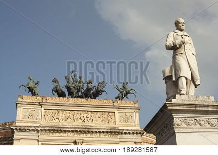 View of Ruggero Settimo - Roger the Seventh monument in the Politeama square Palermo