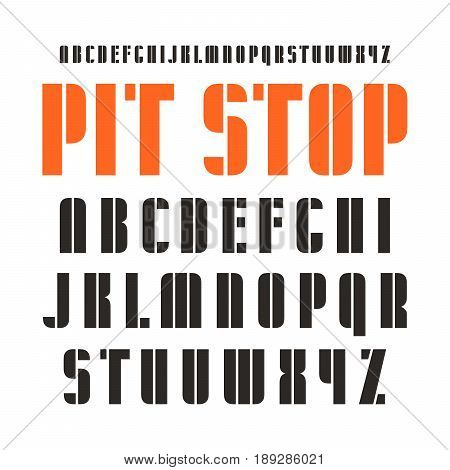 Decorative stencil-plate sanserif font. Design for titles and logos. Isolated on white background