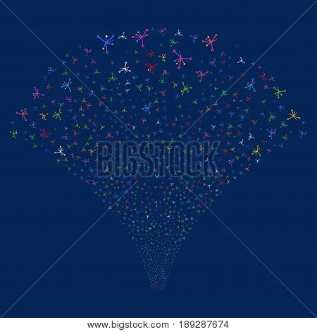 Big Bang salute stream. Vector illustration style is flat bright multicolored iconic symbols on a blue background. Object fireworks fountain constructed from random icons.