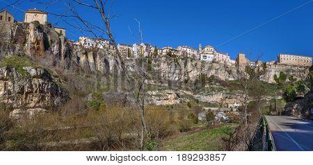 Panoramic view of Cuenca historical center on rocks from Huecar River canyon Spain
