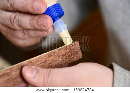 Carpenter glueing merbau wood detail by hands closeup