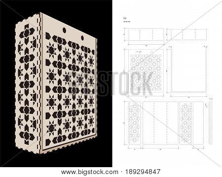 Cut out template for three bottles Wine gift slider Box or Wine Glasses Box (plywood 3 mm). Creative memory bottle pack with geometric design. Scheme is suitable for a laser cutting or printing