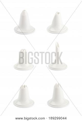 Decorational cream piping bag's plastic tip isolated over the white background, set of six different images