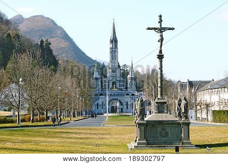 View of the cathedral-sanctuary of Lourdes (France)