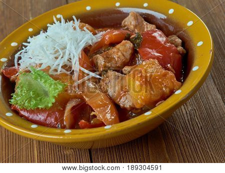 Pork Menudo - traditional Mexican soup. close up